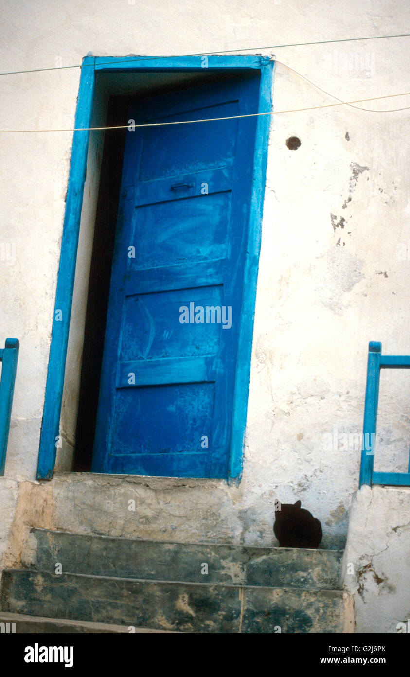 Blaue Tür und schwarze Katze Stockfoto