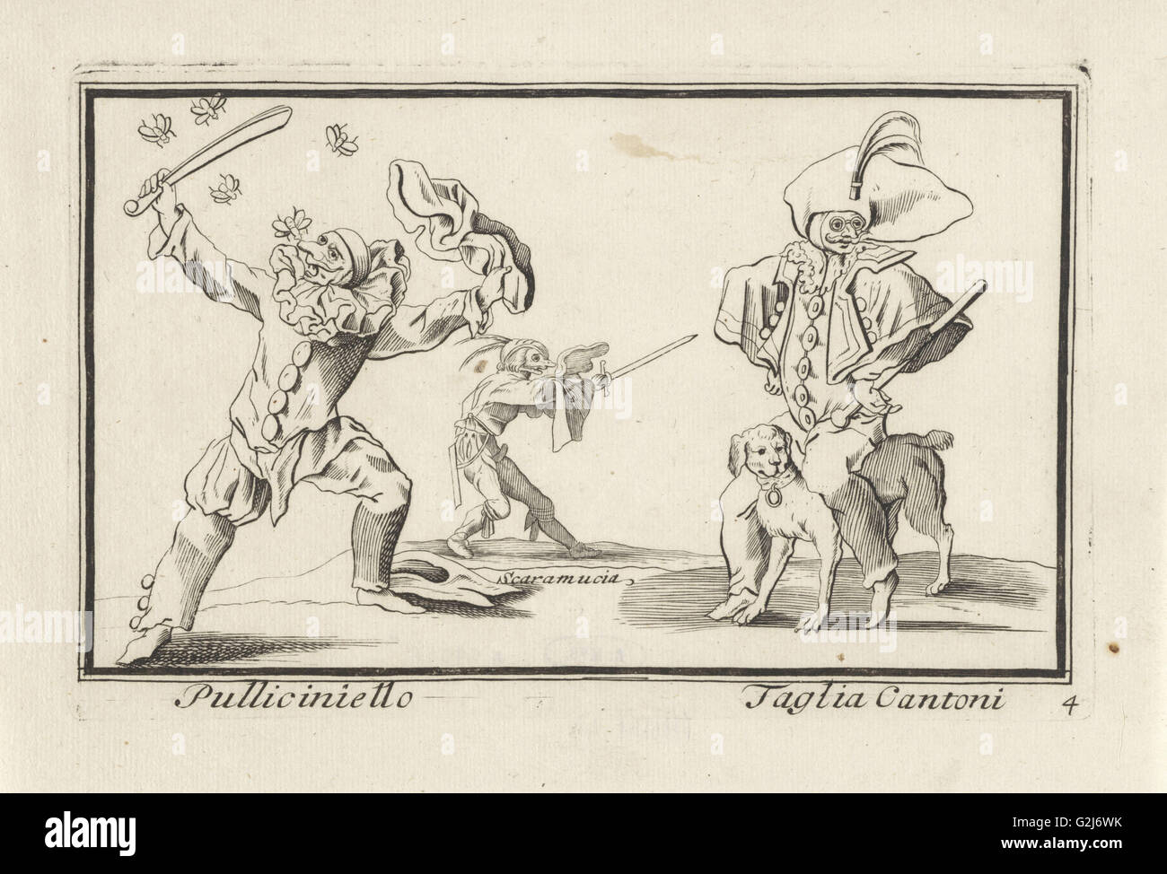 Pulcinella und Scaramouche Taglia Cantoni, print-Hersteller: Anthonie de Winter, Jacques Callot, Cornelis Danckerts II, 1668-1707 Stockfoto