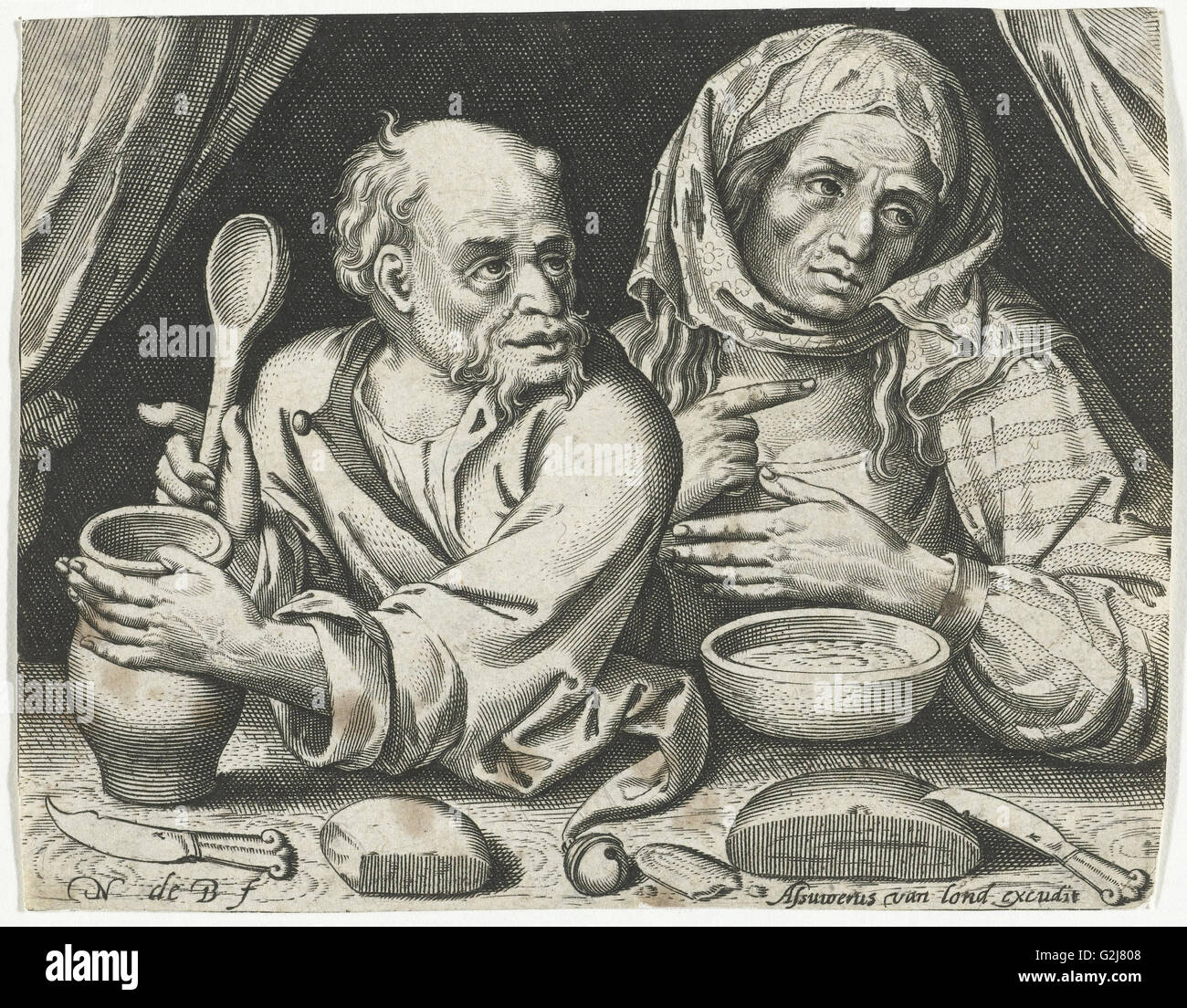 Mann und Frau essen Brei, Nicolaes de Bruyn, van Assuerus Londerseel, 1581-1656 Stockfoto