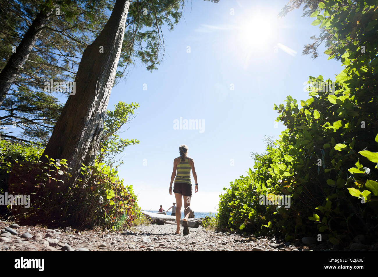 Eine junge Frau geht auf einem Weg am China Beach in der Juan de Fuca Provincal Park. Vancouver Island, BC, Kanada. Stockfoto