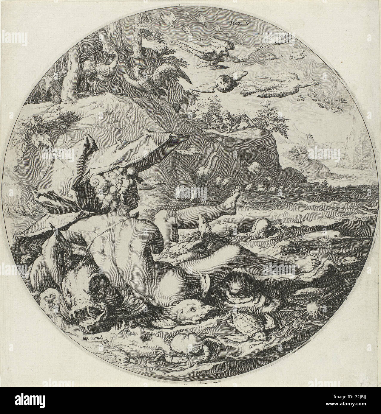 Fünften Tag der Schöpfung: Erschaffung der Tiere, Jan Harmensz. Muller, Hendrick Goltzius, Hendrick Goltzius, 1589 Stockfoto