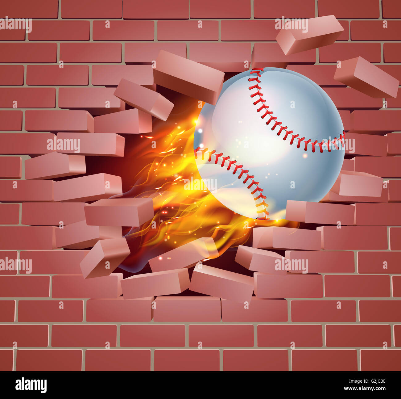 Ein Beispiel für einen brennenden flaming Baseball Ball auf Feuer reißen ein Loch durch die Wand Stockfoto