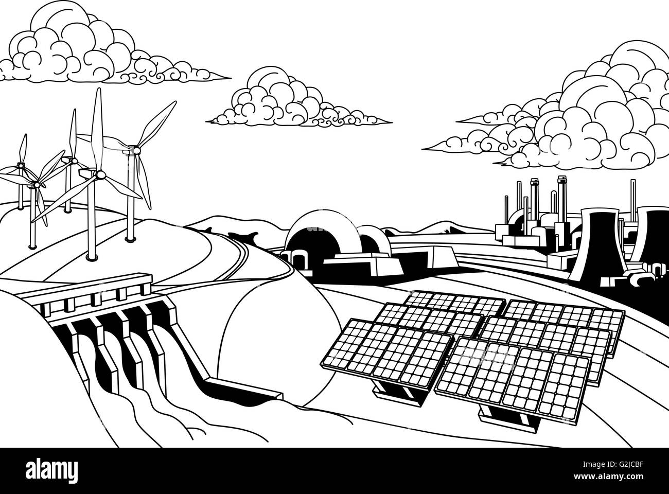 Energie-Erzeugung von Strom. Erneuerbare Energiequellen wie Wasserkraftwerk, solar und Wind auch nukleare und Kohlekraftwerken Stockfoto