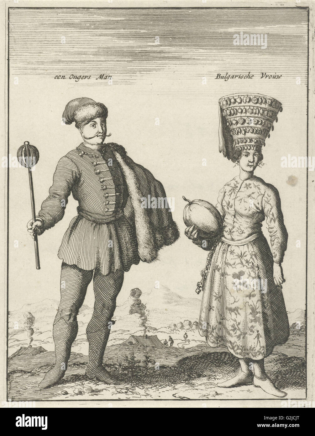 Ungarische Mann und bulgarischen Frau in Tracht, Jan Luyken, 1682 Stockfoto