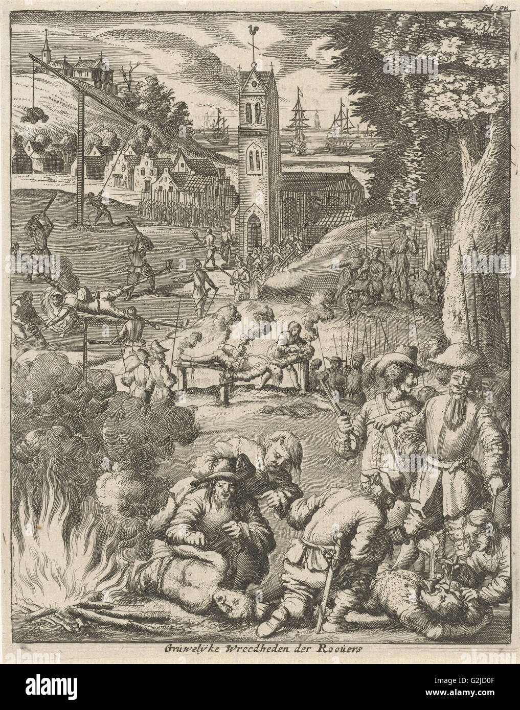 Folter von Piraten unter dem wachsamen Auge von Soldaten, Jan Luyken, Jan Claesz Ten Hoorn, 1681 Stockfoto