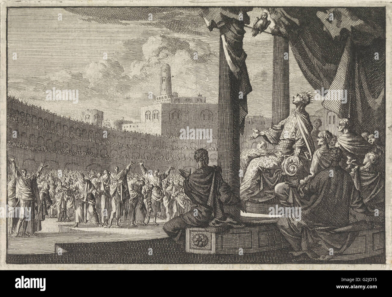 König Agrippa sieht eine Eule über seinem Thron, print-Hersteller: Jan Luyken, Pieter Mortier, 1704 Stockfoto