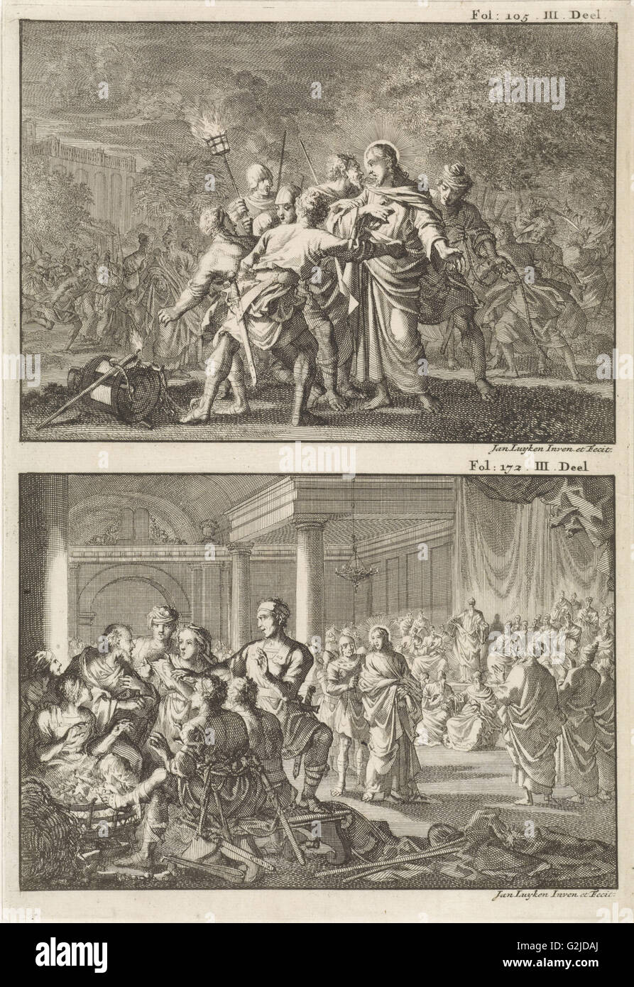 Verhaftung von Christus und Petrus leugnet Christus, Jan Luyken, Willem Broedelet, 1700 Stockfoto