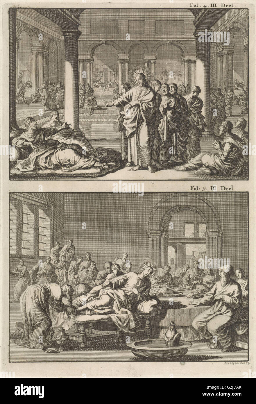 Christus und seine Jünger in das Badehaus von Siloah und Christus als der Gast von Simon der Pharisäer, Jan Luyken, Willem Broedelet Stockfoto