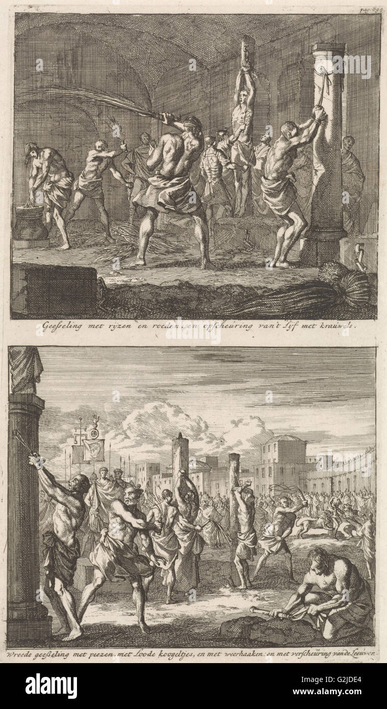 Christen sind in einer Zelle ausgepeitscht und Christen sind in der Öffentlichkeit, Jan Luyken ausgepeitscht, Jacobus van Hardenberg, Barent Visscher, 1700 Stockfoto