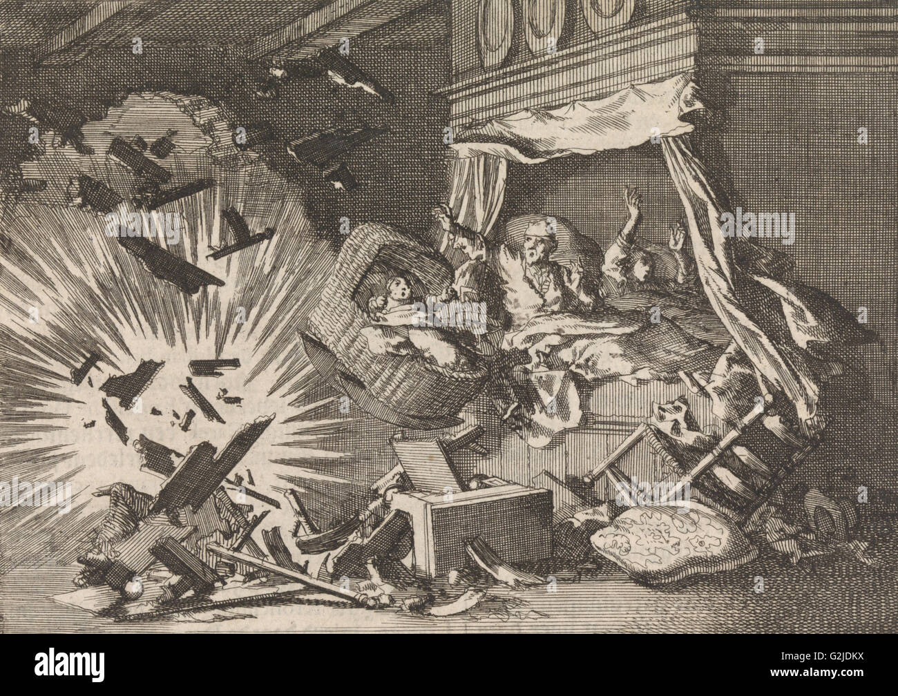 Explosion einer Bombe in einem Haus am Ebbingestraat Groningen, Niederlande 1672, Jan Luyken, Pieter van der Aa ich, 1698 Stockfoto