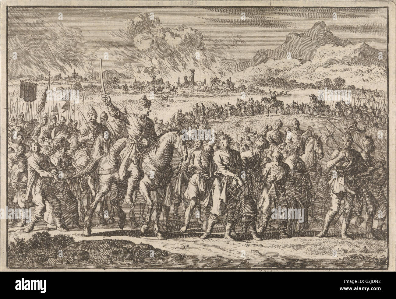 Überfall von Tataren in Polen, 1666, Jan Luyken, Pieter van der Aa (I), 1698 Stockfoto