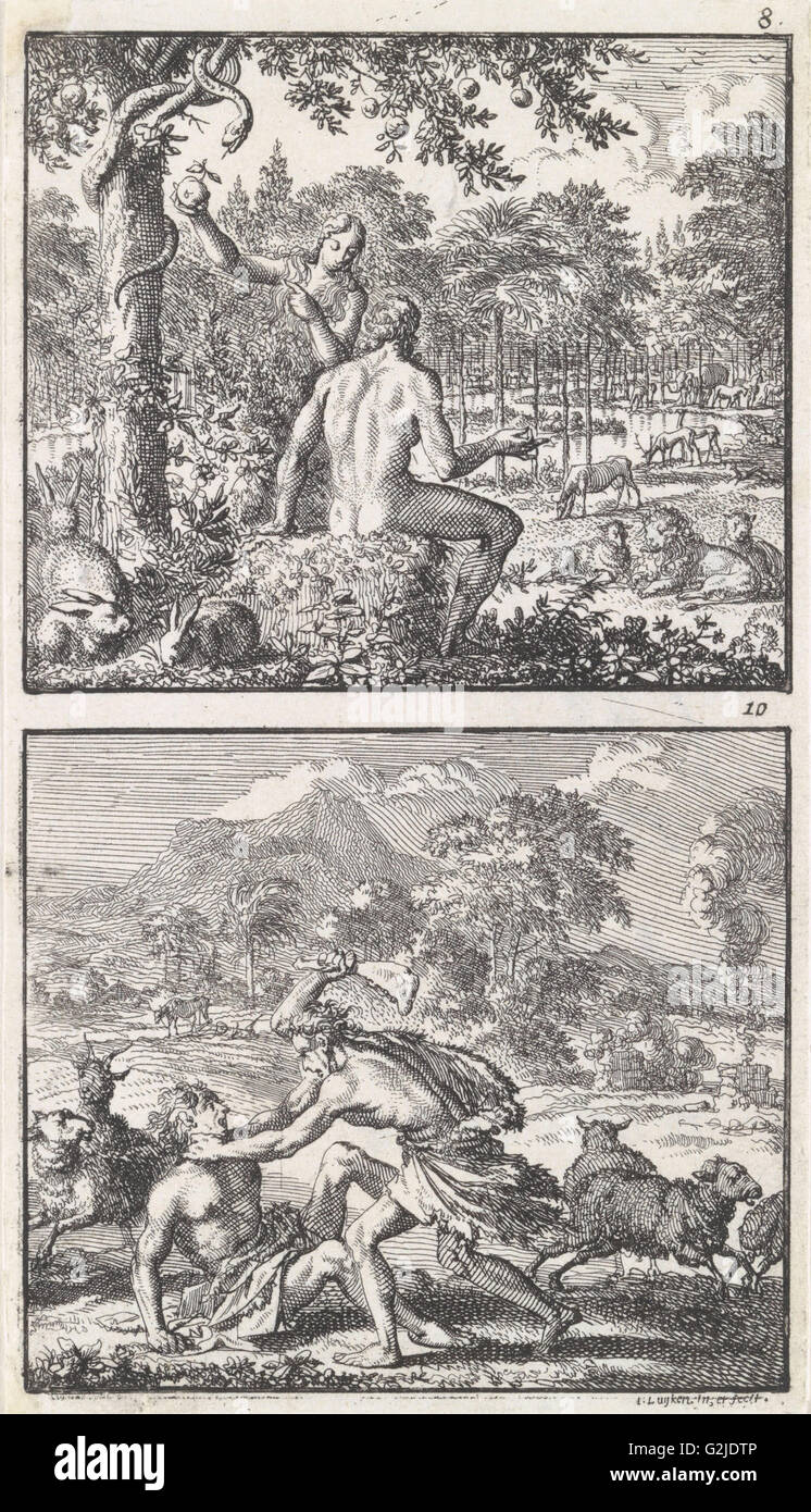Adam und Eva im Paradies, Abel geschlagen von Cain, Jan Luyken, 1698 Stockfoto