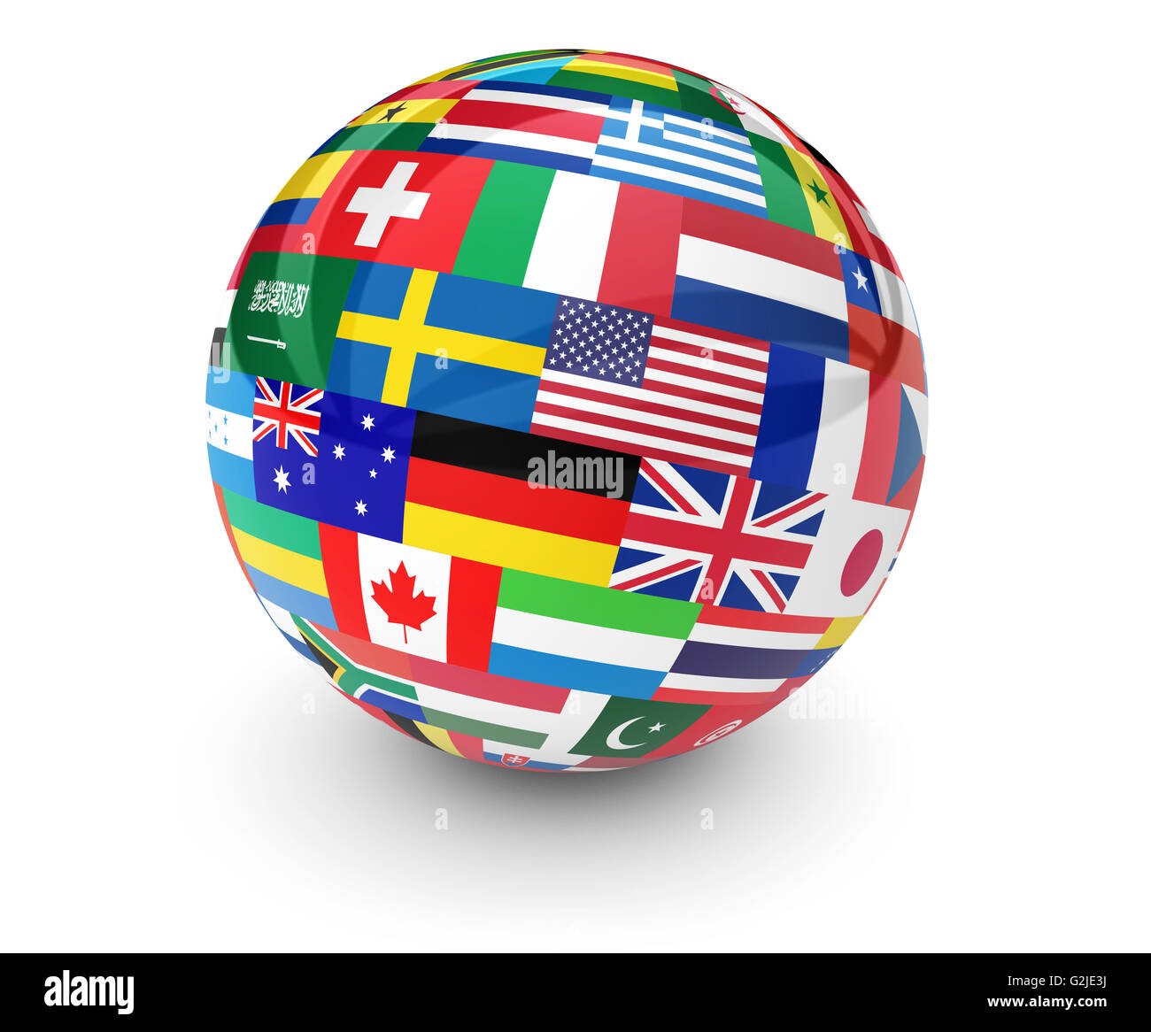 Flaggen der Welt auf einem Globus für international Business, Schule, Reiseleistungen und globales Management Konzept 3d illustration Stockfoto