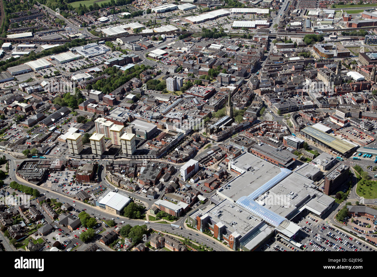 Luftaufnahme des Stadtzentrums Wakefield, West Yorkshire, Großbritannien Stockfoto