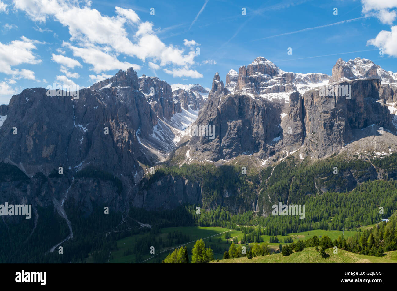 Panoramablick auf die Sellagruppe in Dolomiten, Italien Stockfoto