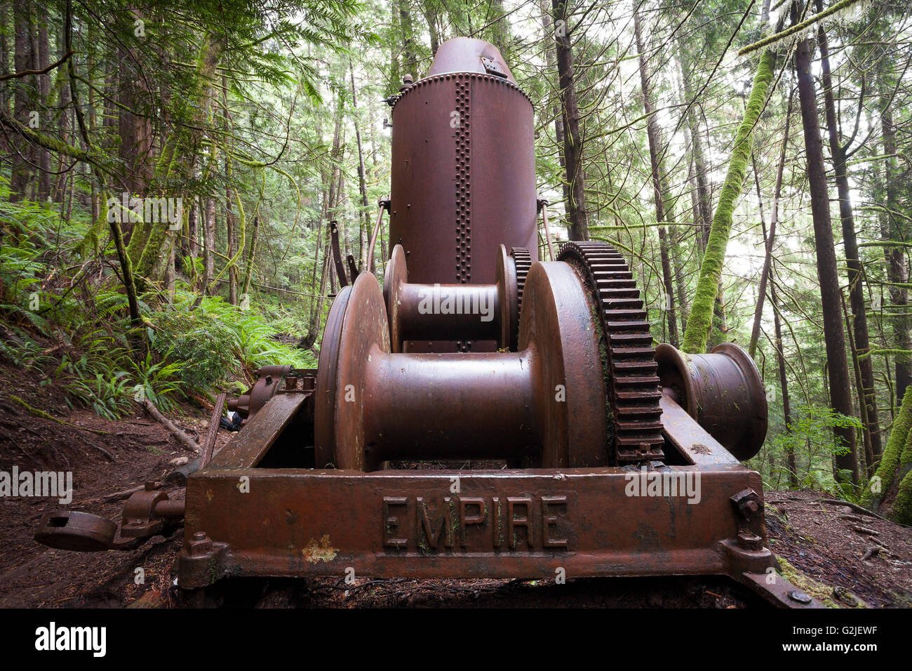 Ein Stück Protokollierung Altgeräte genannt einen Dampf-Esel entlang West Coast Trail Pacific Rim National Park Reserve Vancouver Island Stockfoto