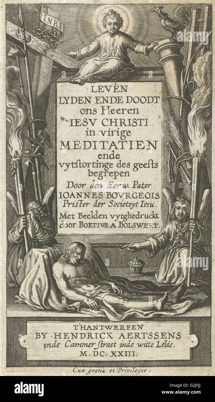 Rahmen für Titel mit Christkind und toten Christus und zwei Engel mit Leidenschaft-Tools, Boëtius Adamsz. Bolswert, 1590-1623 Stockfoto