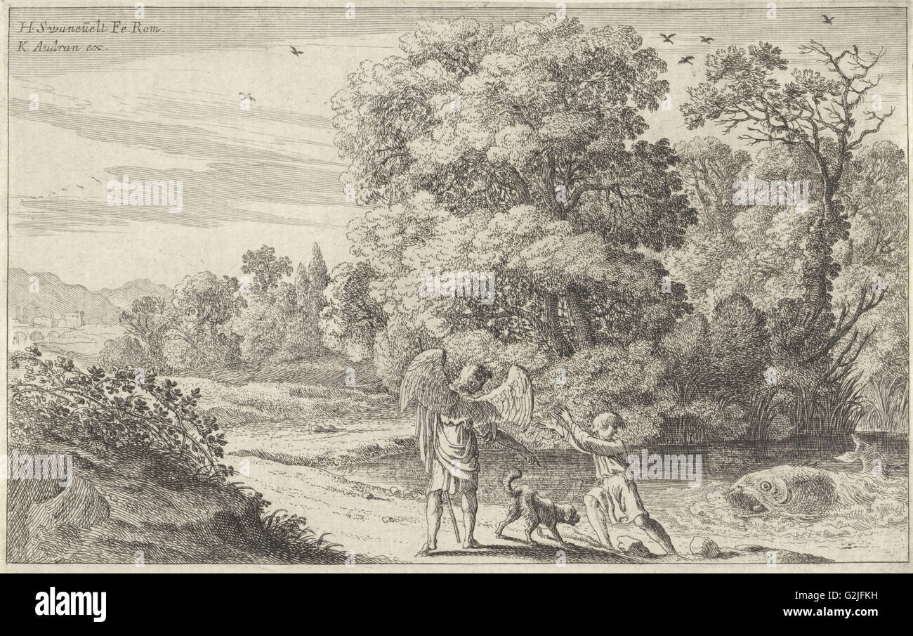 Tobias schreckt den Fisch, Herman van Swanevelt, Charles Audran, 1629-1641 Stockfoto
