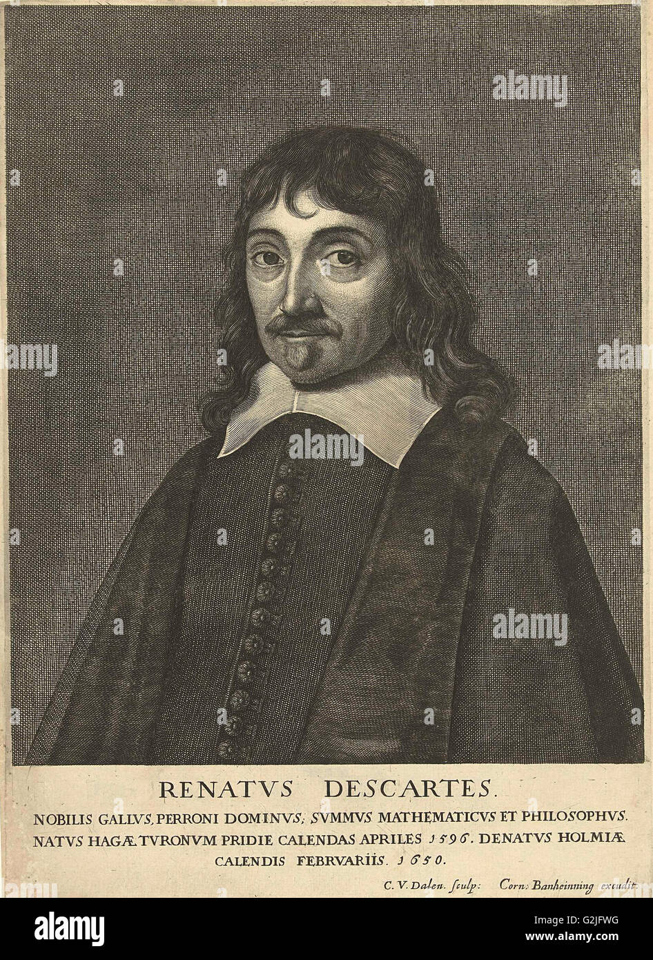 Porträt von René Descartes, Cornelis van Dalen (I), Cornelis Banheyning, 1650-1665 Stockfoto