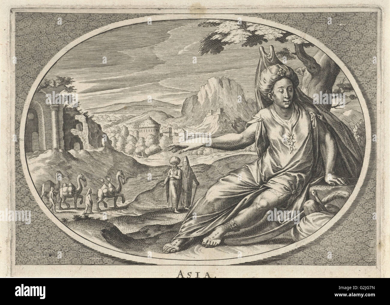 Weibliche Personifizierung der Kontinent Asien als eine Frau mit Turban und Säbel in Landschaft mit Kamelen, Cornelis van Dalen II Stockfoto