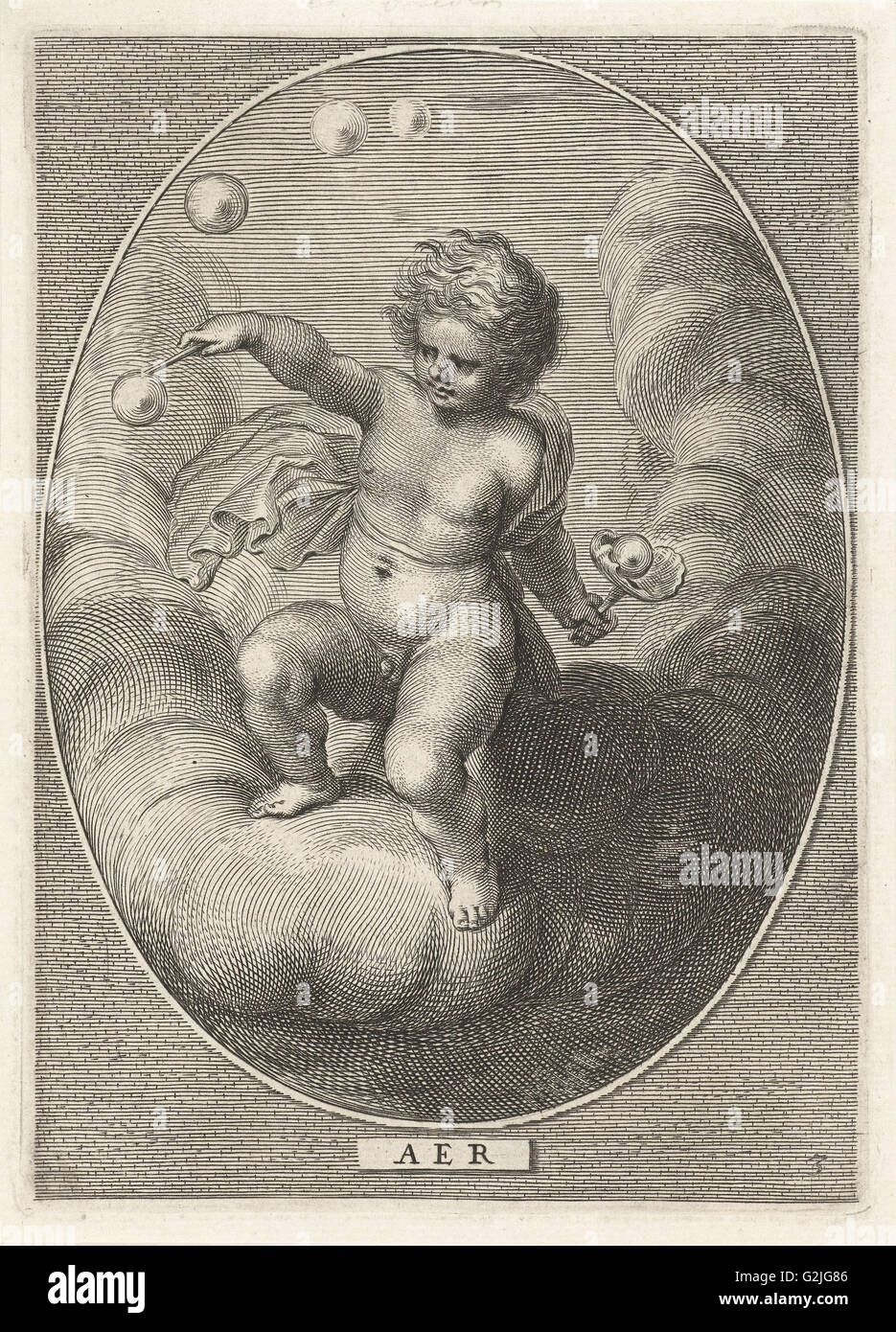 Element Luft als Kind Seifenblasen auf Wolke, Cornelis van Dalen (II), Abraham van Diepenbeeck, Nicolaes Visscher (I) Stockfoto