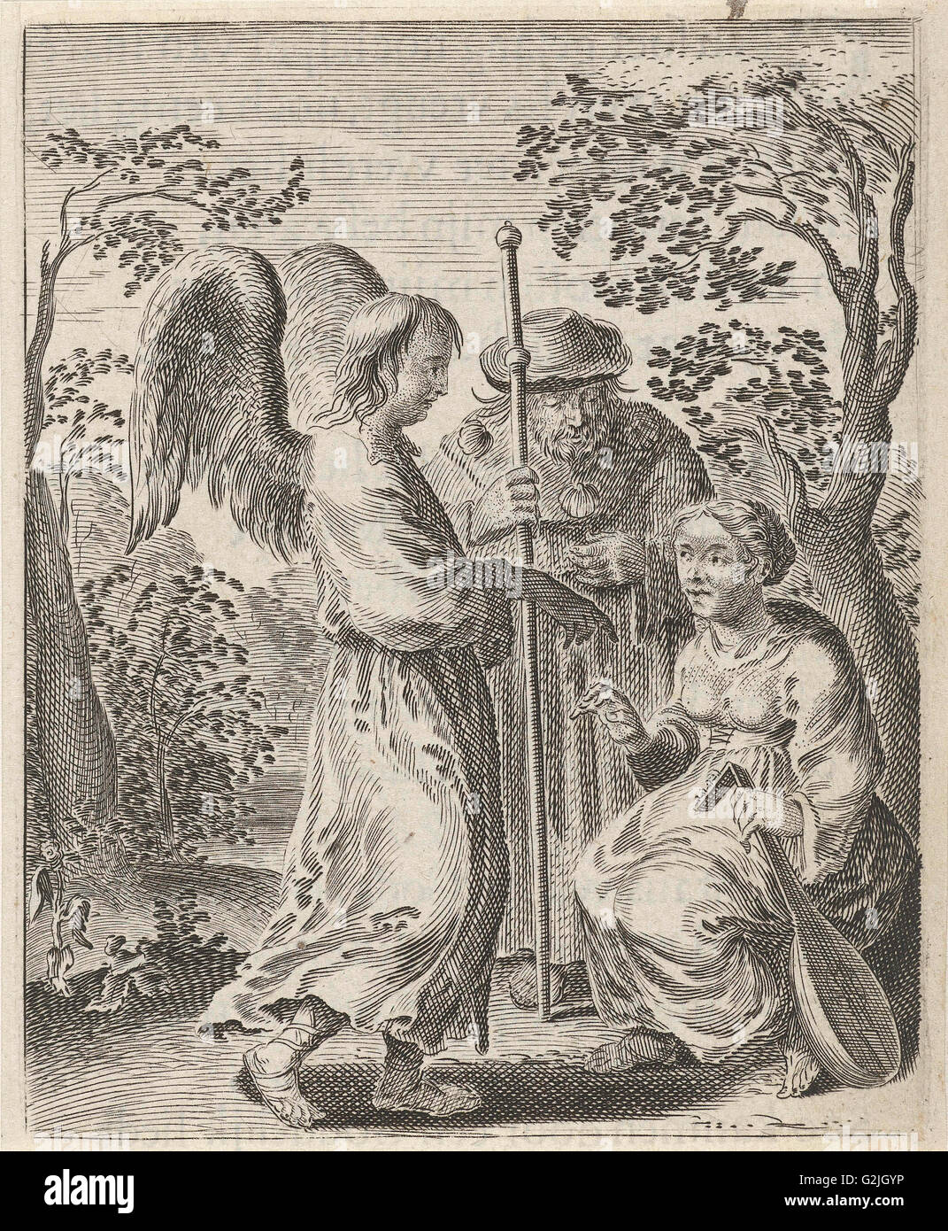In eine Landschaft ist ein Pilger mit Pilgrim es Personal und Jakobsmuscheln auf seinem Mantel, neben ihm sitzt eine Frau mit einer Laute in die Hände Stockfoto