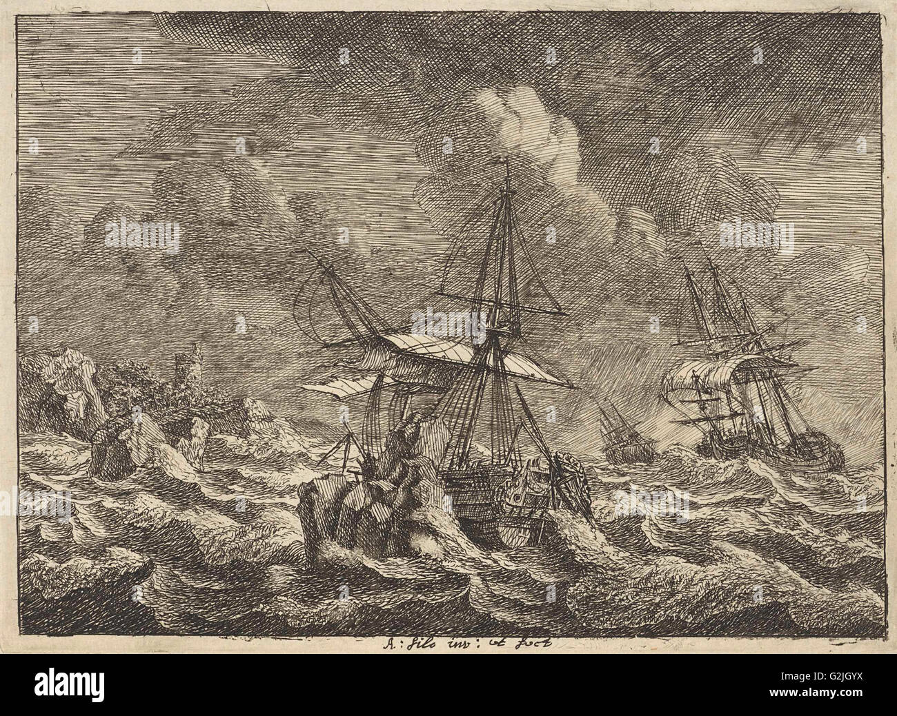 Drei Segelschiffe in einem Sturm in der Nähe von einem felsigen Ufer, Adam Silo, 1689-1760 Stockfoto