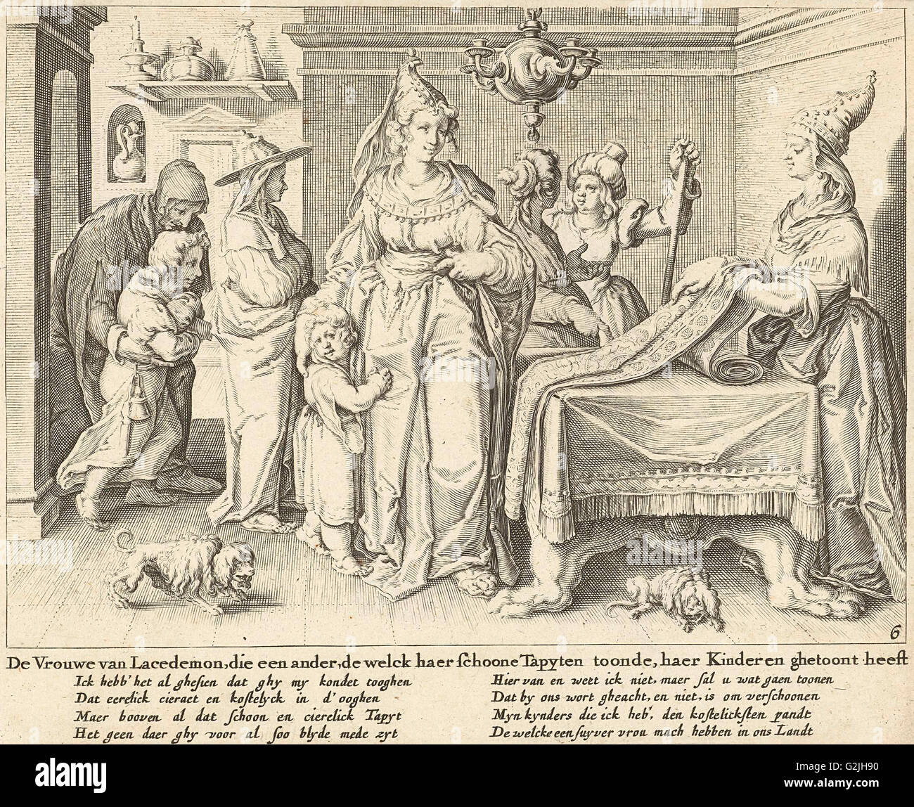 Eine Frau aus Lacedemon zeigt ihre Kinder zu einem Teppich Weber Zacharias Dolendo, Jacob de Gheyn II, Claes Jansz. Visscher II Stockfoto