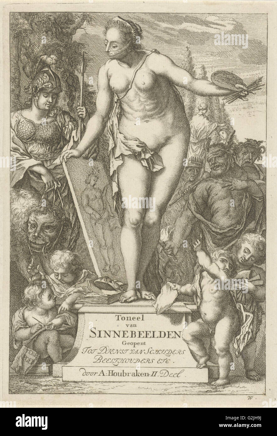 Allegorie der Malerei auf einem Podest, Arnold Houbraken, Nicolaes de Vries, 1688-1700 Stockfoto