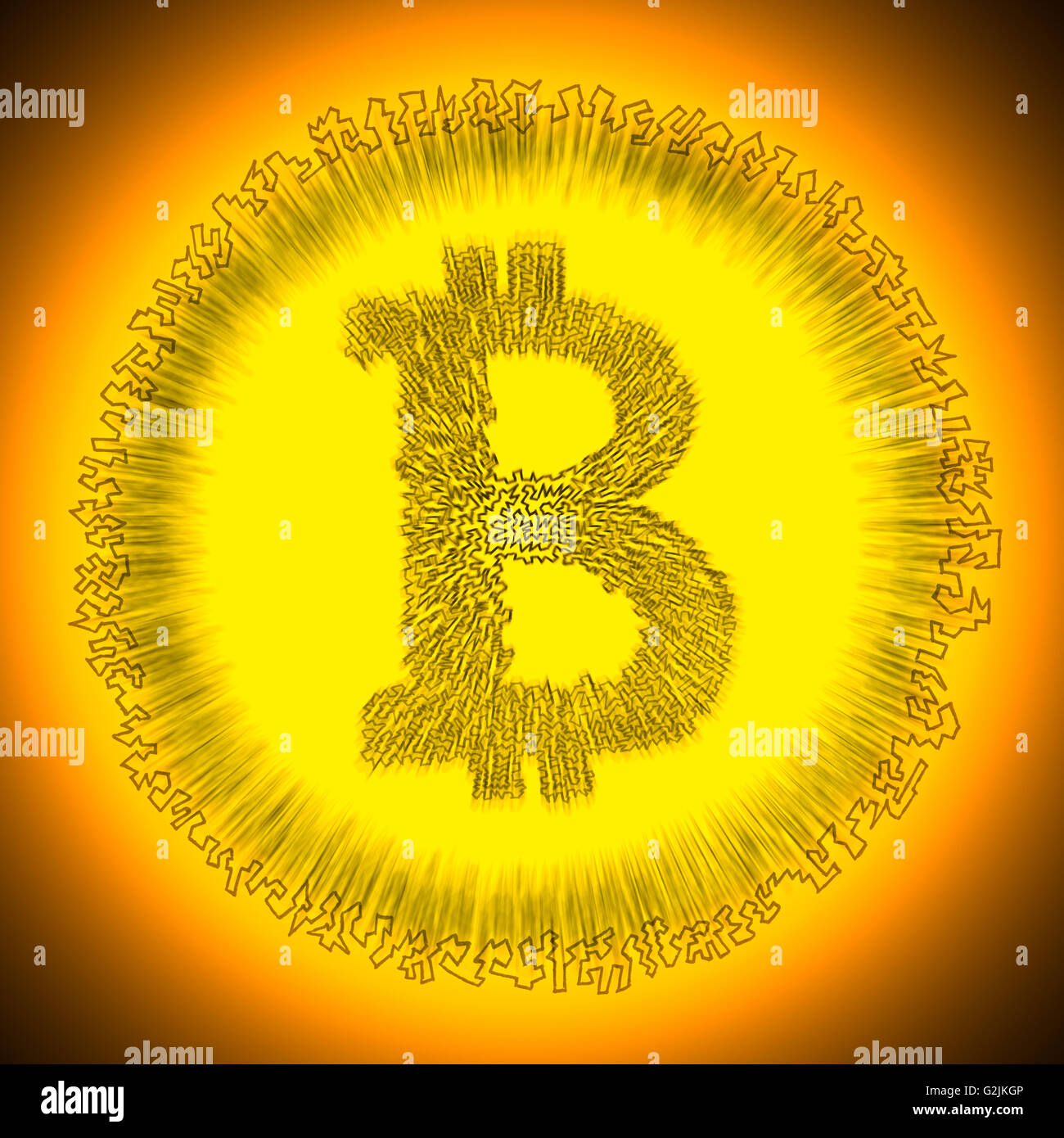 Gezahnte golden strahlende Bitcoin-Logo. Abbildung einer digitalen dezentrale Kryptowährung Münze. Stockfoto