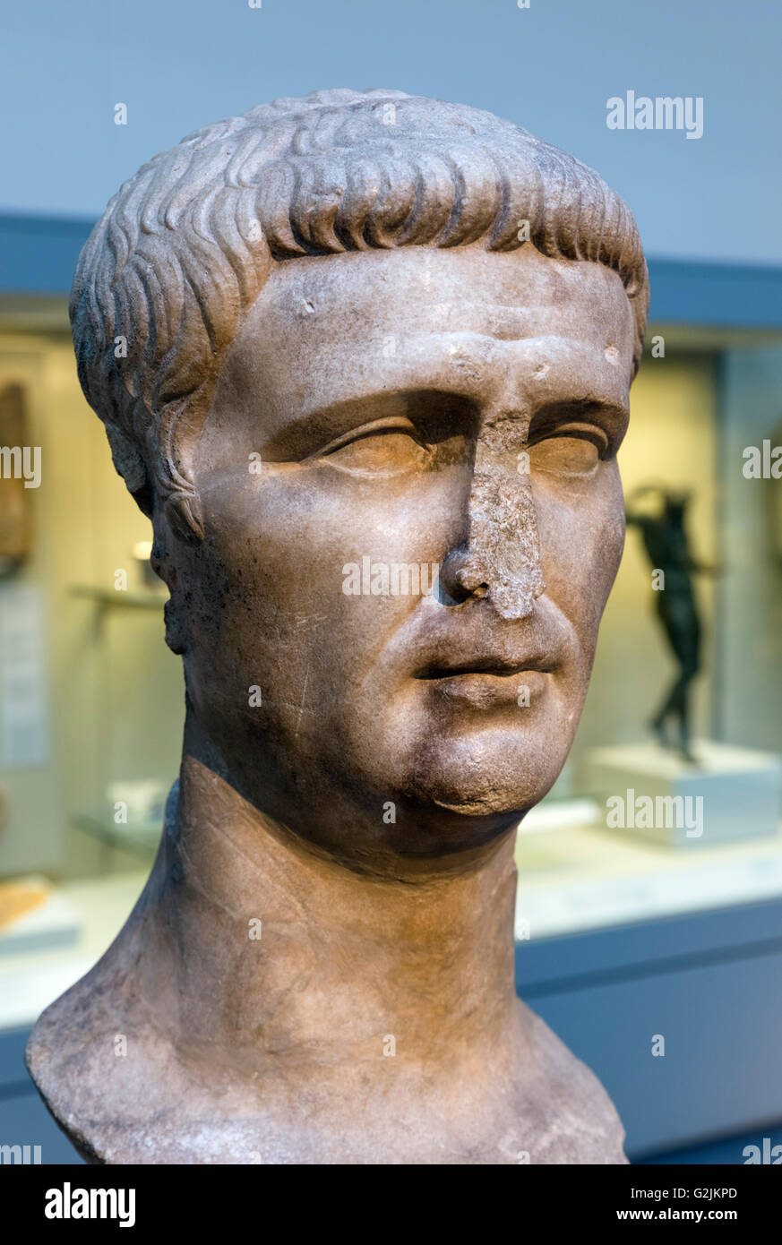 Marmor-Kopf von einer Statue des Kaisers Claudius (10 v. Chr. – 54 n. Chr.), vierte Kaiser des römischen Reiches (41-54 n. Chr.), Datum der Statue c. AD 50, British Museum, Bloomsbury, London, England, UK Stockfoto