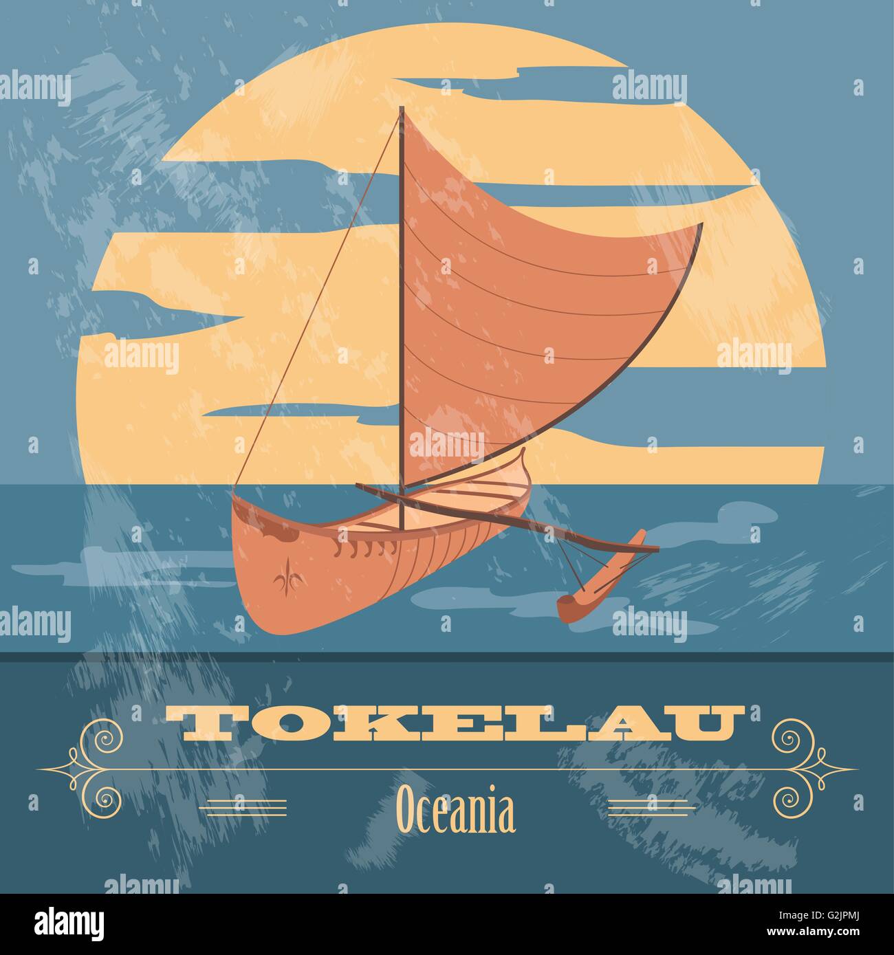 Tokelau. Polynesischen Kanu. Retro-Stil Bild. Vektor-illustration Stock Vektor