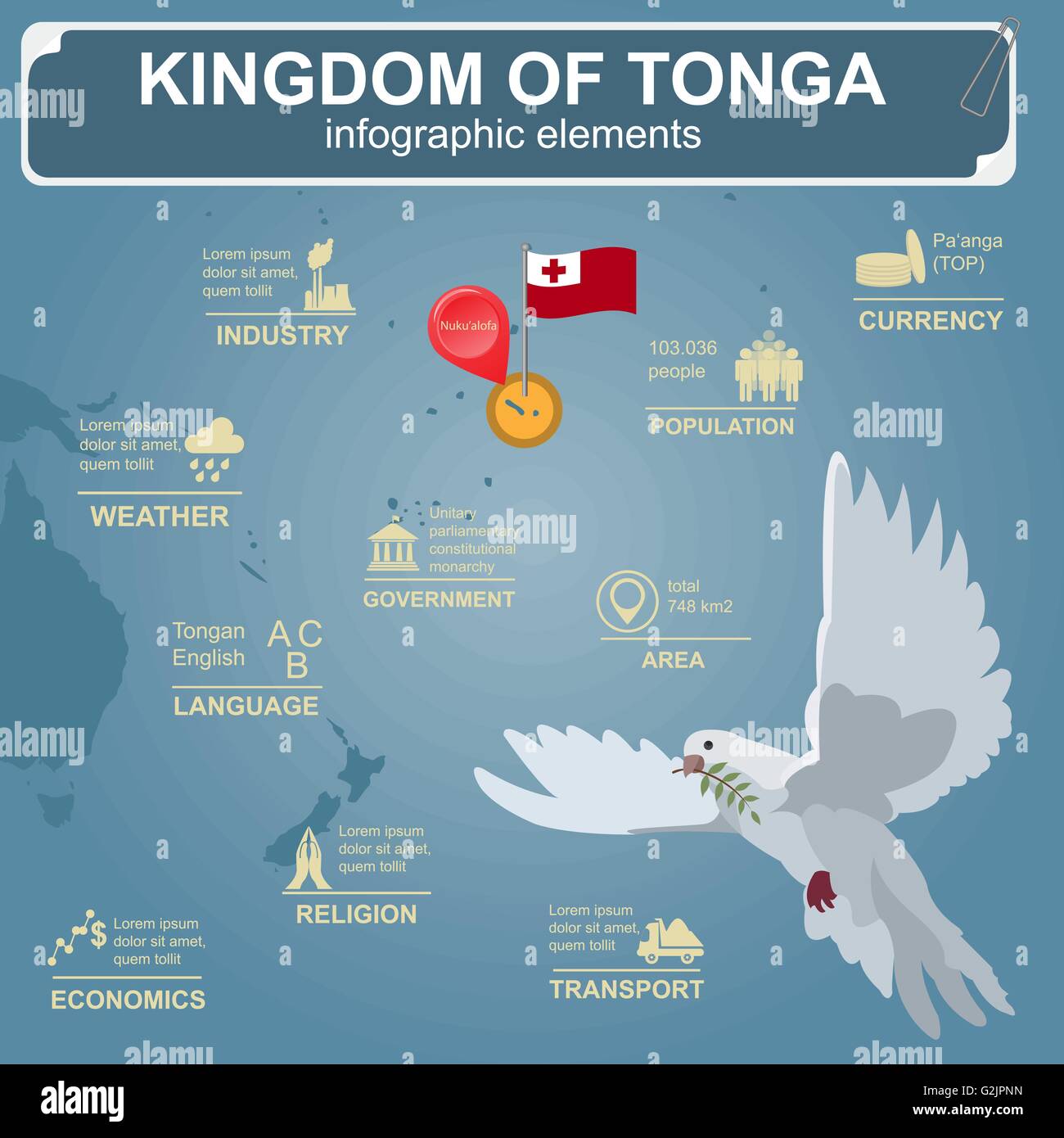 Tonga Infografiken, statistische Daten, Sehenswürdigkeiten. Taube mit Olivenzweig. Vektor-illustration Stock Vektor