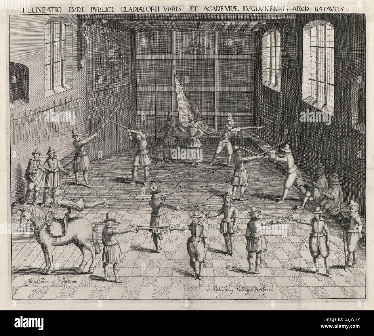 Fecht-Schule der Universität von Leiden, William Isaacsz. Van Swanenburg, Andries Clouck, 1610 Stockfoto