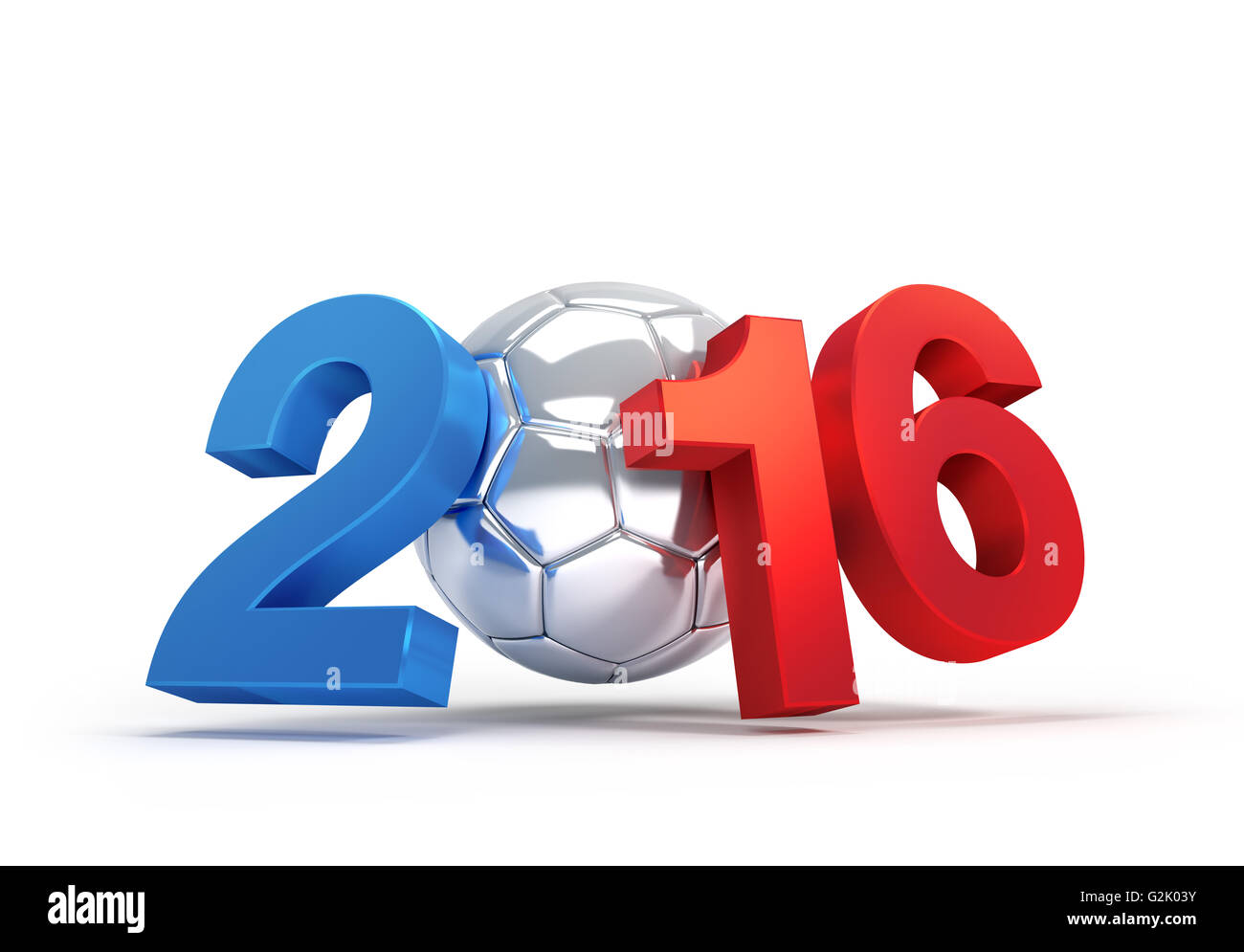 2016 Jahr illustriert mit einem silbernen Fußball, farbige französische Fahne, isoliert auf weiss Stockfoto