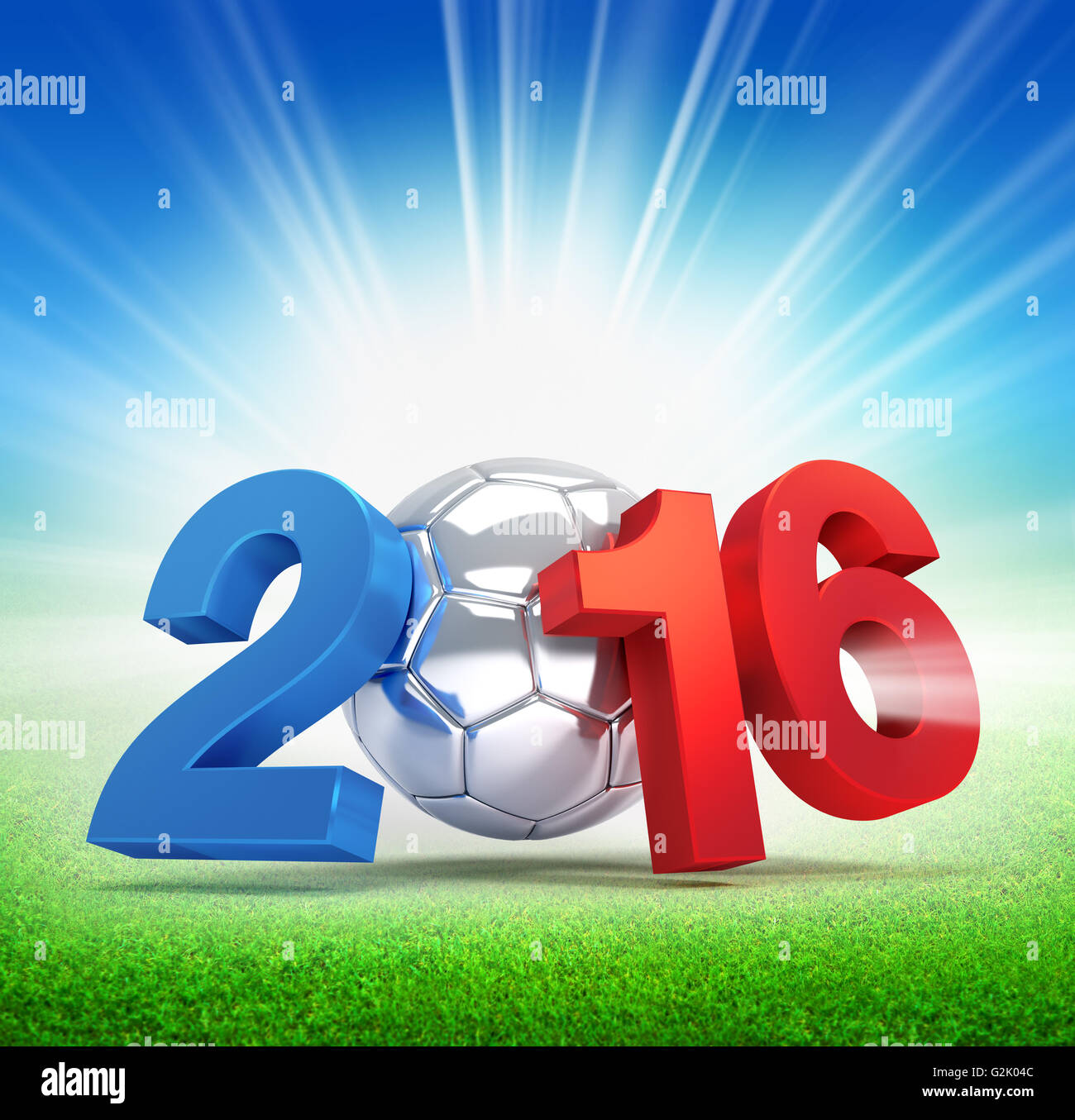 2016 Jahr französische Flagge farbig, illustriert mit einem silbernen Fußball und beleuchtet auf einer Wiese Stockfoto