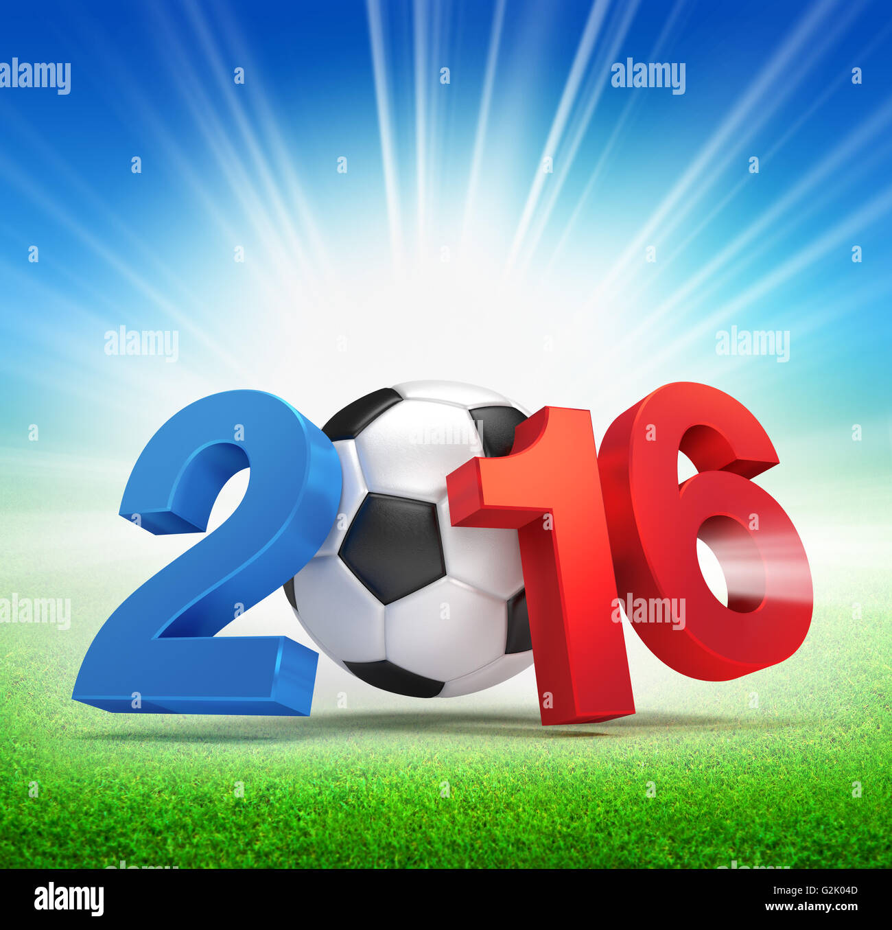 2016 Jahr französische Flagge farbig, illustriert mit einem Fußball und beleuchtet auf einer Wiese Stockfoto