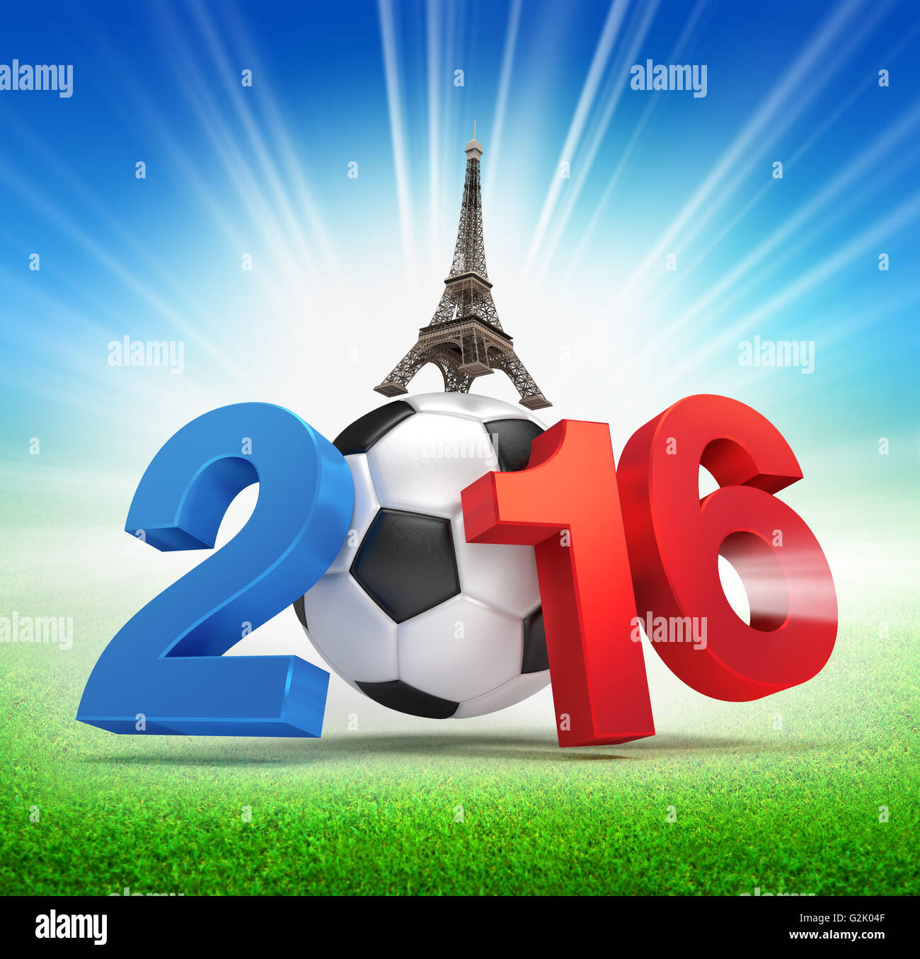 2016 Jahr Flagge Französisch farbig, illustriert mit einem Fußball und beleuchtete auf einer Wiese Stockfoto