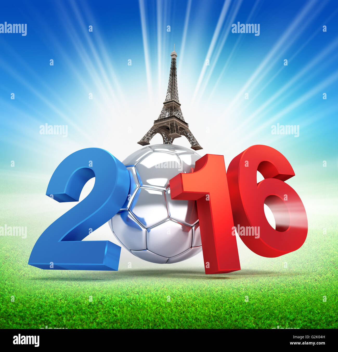 2016 Jahr Flagge Französisch farbig, illustriert mit einem silbernen Fußball und beleuchtete auf einer Wiese Stockfoto