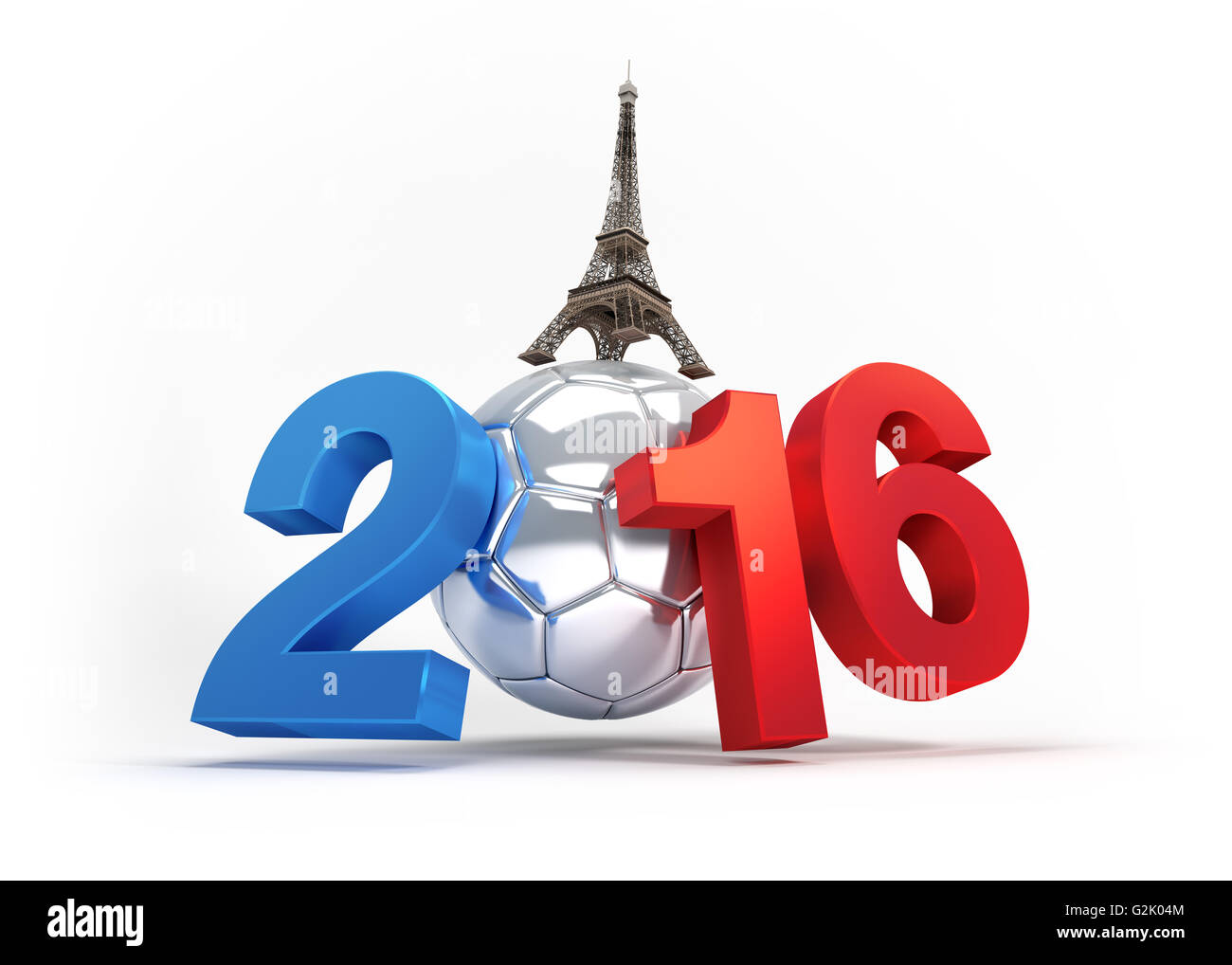 2016 Jahr illustriert mit einem silbernen Fußball, farbige französische Fahne, isoliert auf weiss Stockfoto