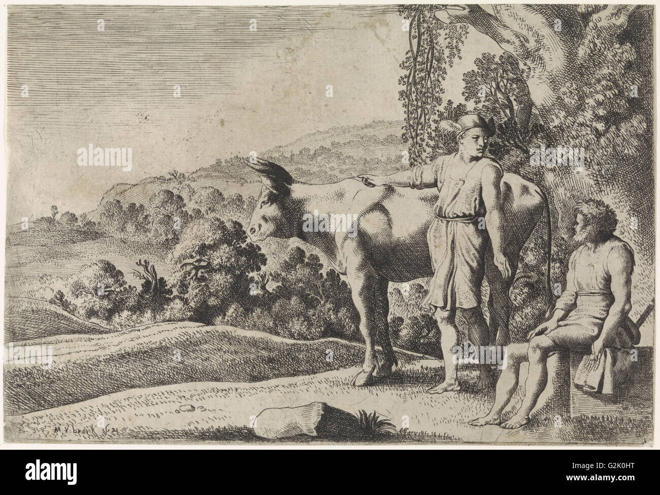 Merkur zeigt auf die Kuh Io und befasst sich mit Argus, die sitzt auf einem Steinblock, Szene aus Ovids Metamorphosen Stockfoto
