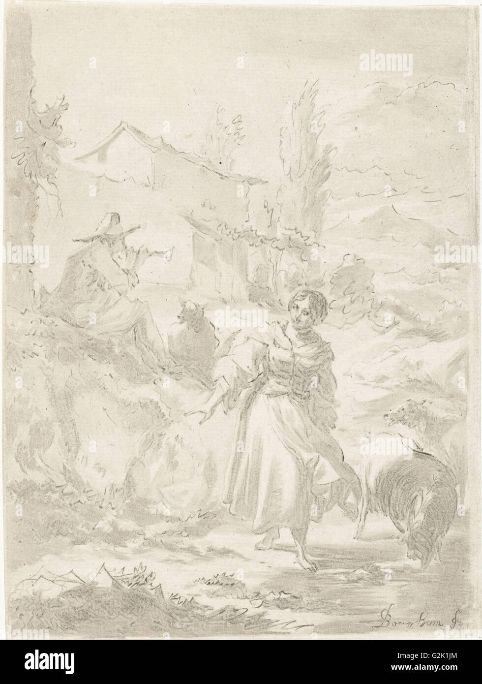 Hirte sitzt auf einem Felsen und spielt eine Schäferin, Ziegen, Rohr, print-Hersteller: Jurriaan Cootwijck, aus dem Jahre 1724-1798 Stockfoto