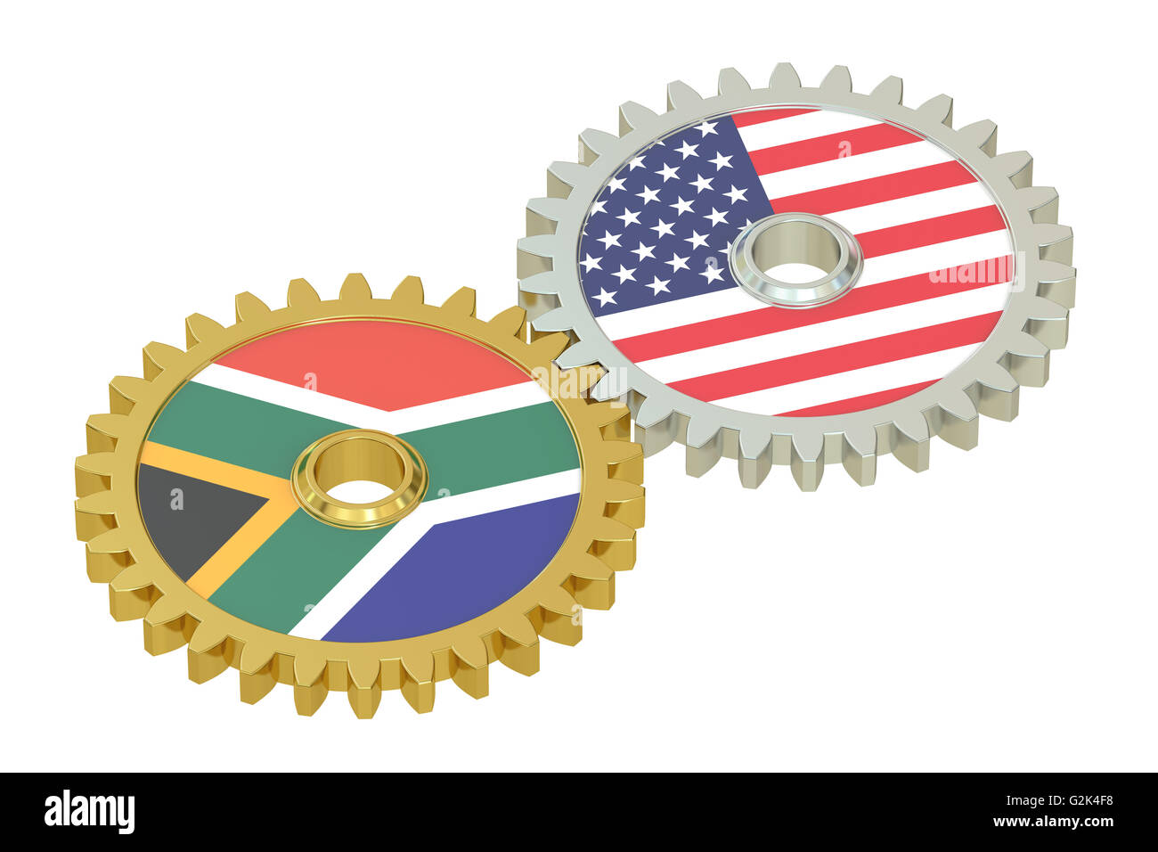 Südafrika und USA Beziehungen Konzept, Flaggen auf ein Getriebe. 3D-Rendering isoliert auf weißem Hintergrund Stockfoto