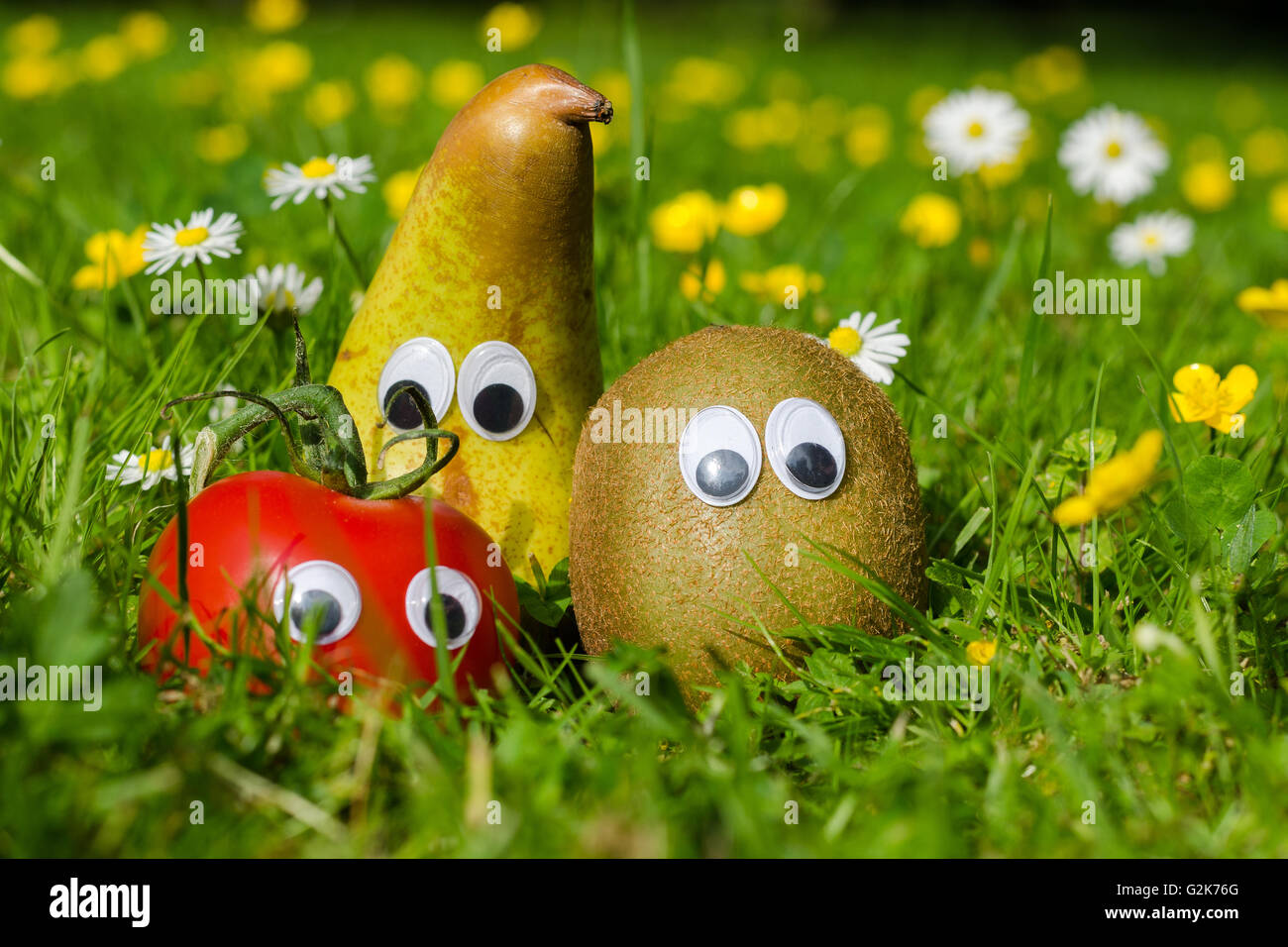 Lustige Obst und Gemüse mit Augen in einer Sommerwiese Stockfotografie
