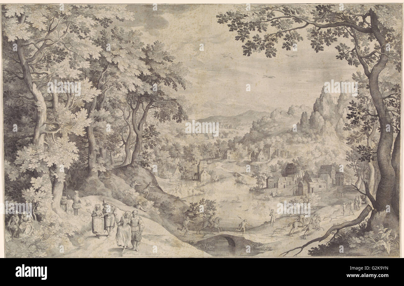 Landschaft mit Hirsch Jagd, Nicolaes de Bruyn, 1607 Stockfoto