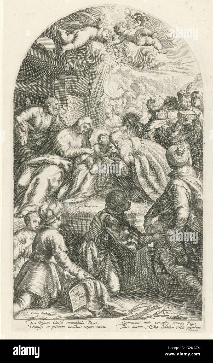 Anbetung der Heiligen drei Könige, Jakob Matham, Cornelius Schonaeus Claes Jansz. Visscher (II), 1592-1596 Stockfoto