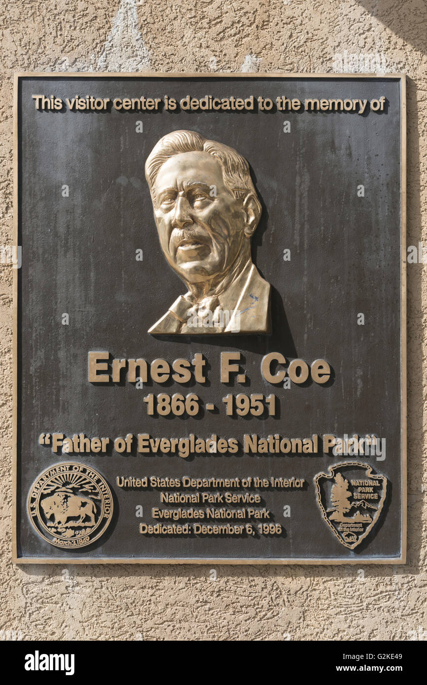 Gedenktafel für Ernest F. Coe, Gründer des Everglades National Park, Florida City, Florida, Vereinigte Staaten von Amerika Stockfoto