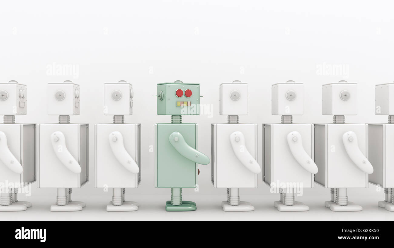 Reihe von weißen Roboter mit einem farbigen dazwischen, 3D Rendering Stockfoto