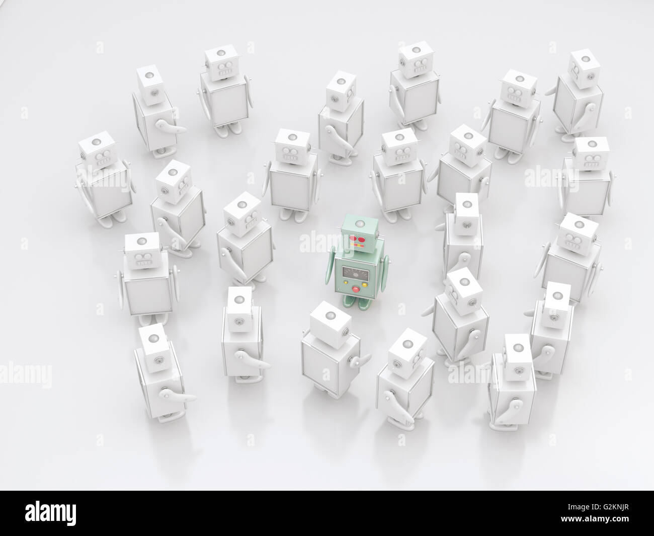 Gruppe von weißen Roboter mit einem farbigen dazwischen, 3D Rendering Stockfoto