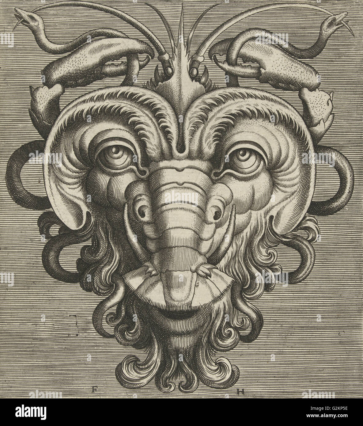 Maske mit zwei Hummer-Krallen, die Schlangen, Frans Huys, Cornelis Floris (II), Hans Liefrinck (I), 1555 Stockfoto